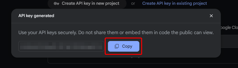 In the API key generated window, use the Copy button