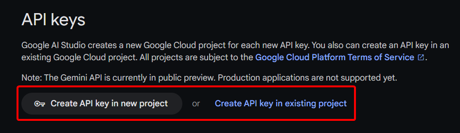 In the API Keys window, use the Create API key in new project